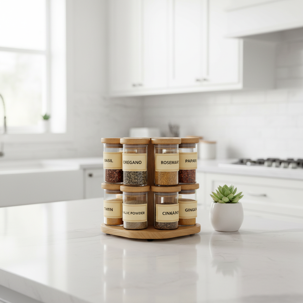 Rotating spice rack organiser on a clean kitchen worktop