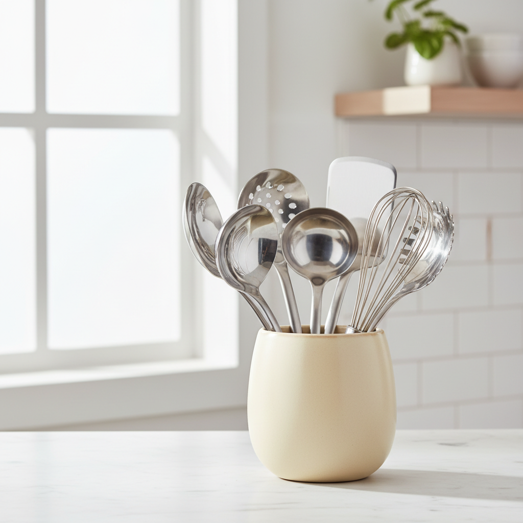 Nordic stainless steel kitchen utensils set in a ceramic holder