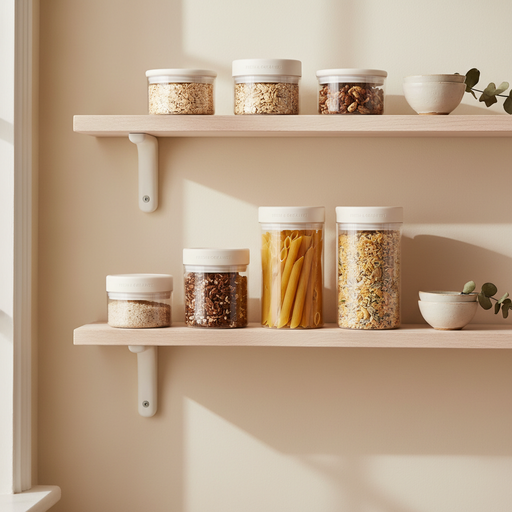 Pantry storage jar set neatly arranged on a kitchen shelf