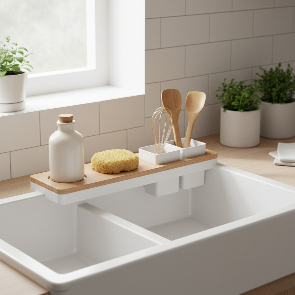 Telescopic sink organiser rack over a clean kitchen sink